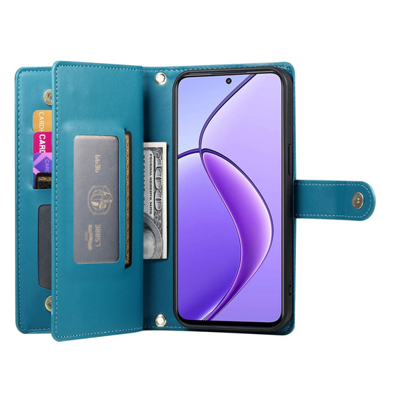 Cu clapetă pentru Realme 14 Pro+ 5G, Wallet Zipper Pocket, albastru
