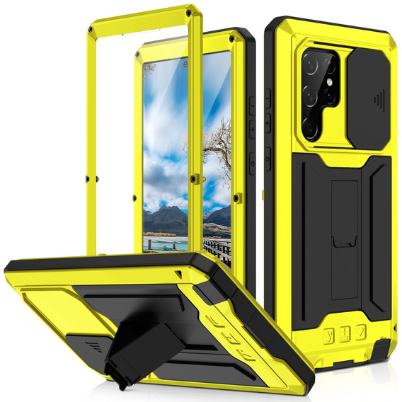 Husă blindată pentru Samsung Galaxy S22 Ultra, R-JUST CamShield Slide, galben