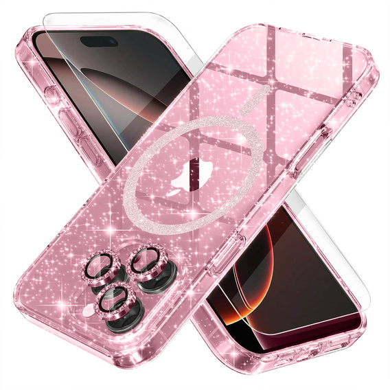 Husă pentru iPhone 16 Pro, ERBORD Glitter MagSafe, roz + Sticlă pentru ecran
