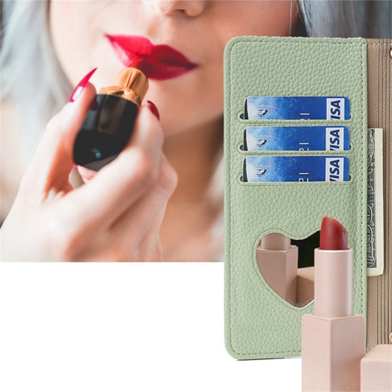 Carcasă flip pentru Motorola Edge 40 Neo 5G, Wallet Zipper Pocket, cu oglindă, verde