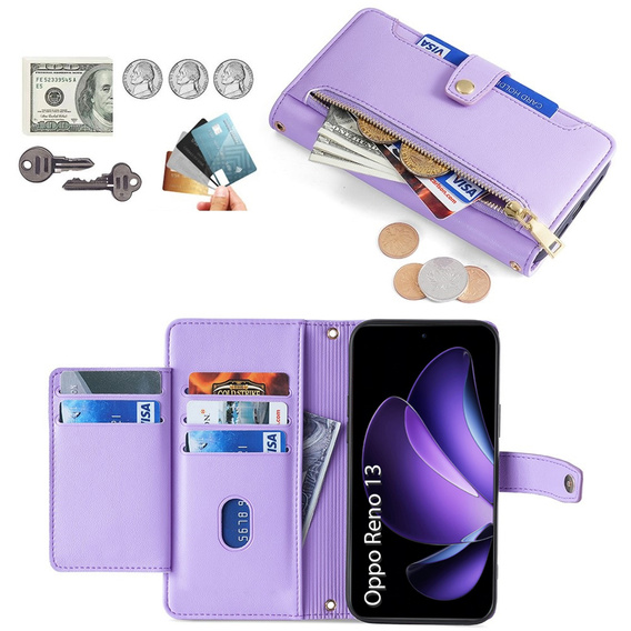 Cu clapetă pentru Oppo Reno 13, Wallet Zipper Pocket, violet