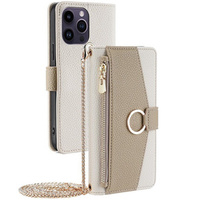 Carcasă flip pentru iPhone 14 Pro Max, Wallet Zipper Pocket, cu oglindă, alb