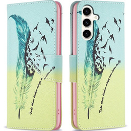 Cu clapetă pentru Samsung Galaxy S23 FE, Wallet, Feather albastru / galben