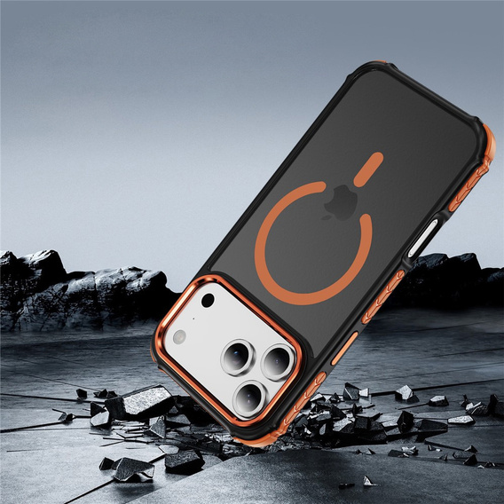 Carcasă Matt pentru iPhone 17 Pro, blindată, pentru MagSafe, fumurie cu margini portocalii