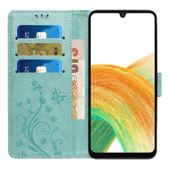 Cu clapetă pentru Samsung Galaxy A25 5G, Butterfly, de mentă + sticlă 9H 