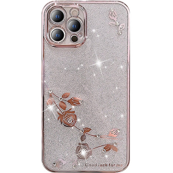 Husă pentru iPhone 14 Pro Max, Glitter Flower, roz rose gold
