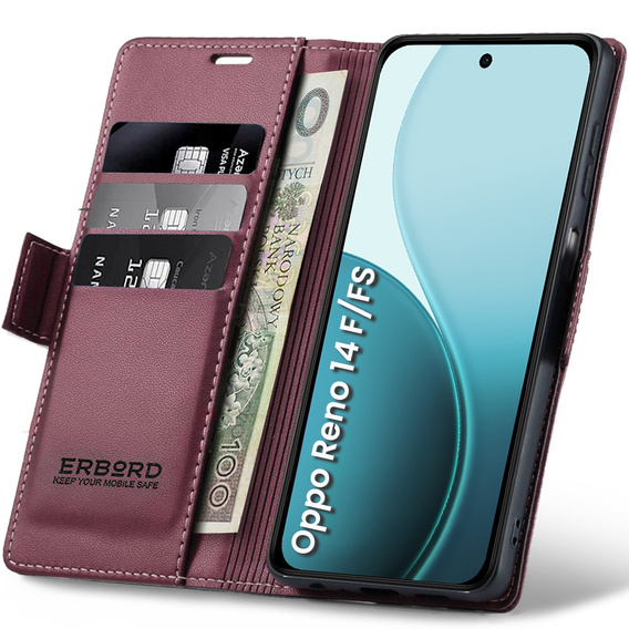 Husă pentru Oppo Reno 14 F / 14 FS, ERBORD Glossy Litchi, portofel cu clapetă, roșu