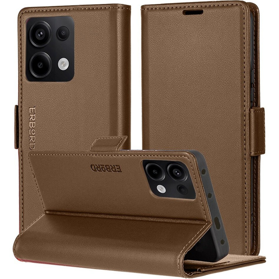 Husă pentru Xiaomi Redmi Note 13 Pro 4G / Xiaomi Redmi Note 14S / Xiaomi Poco M6 Pro 4G, ERBORD Glossy Litchi, portofel cu clapetă, maro