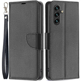 Cu clapetă pentru Samsung Galaxy A15, Wallet Litchi Leather, negru + sticlă 9H