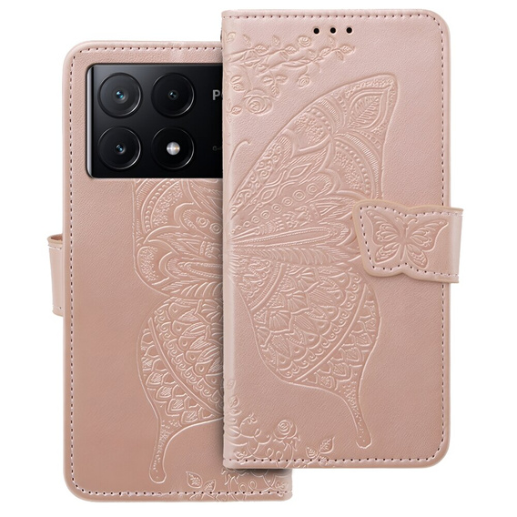 Cu clapetă pentru Xiaomi Poco F6 Pro, Butterfly, roz rose gold