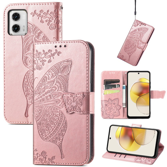 Cu clapetă pentru Motorola Moto G73 5G, Butterfly, roz rose gold