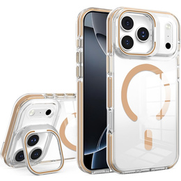 Husă pentru iPhone 17 Pro Max, pentru MagSafe, cu suport, transparentă cu inserții aurii