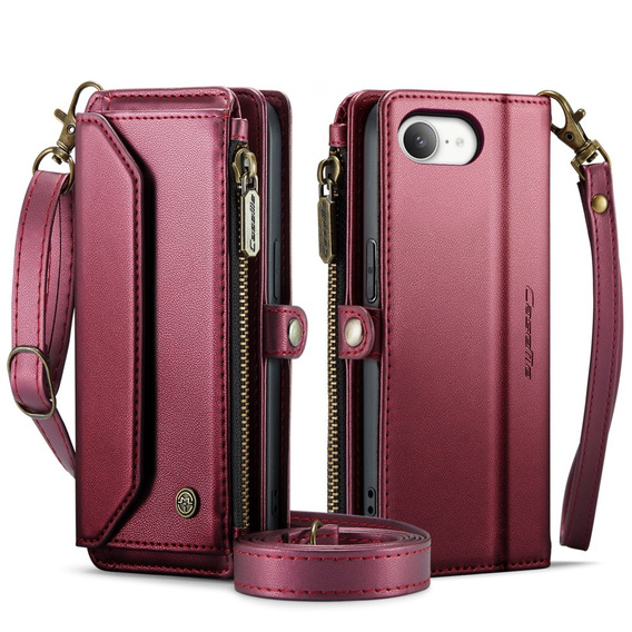 Husă CASEME pentru iPhone16e, RFID Leather Wallet, cu curea de umăr, roșu