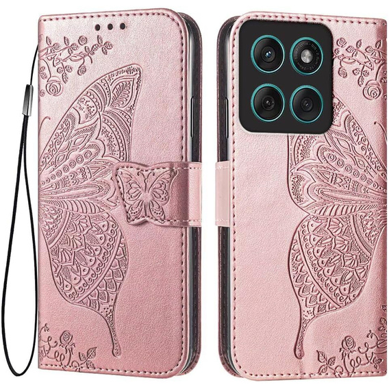 Cu clapetă pentru Motorola Moto G86 5G, Butterfly, roz rose gold