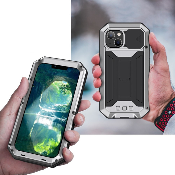 Husă pentru iPhone 13, R-JUST CamShield Slide, armată, de argint / negru