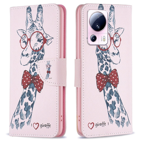 Cu clapetă pentru Xiaomi 13 Lite, Wallet, giraffe, roz