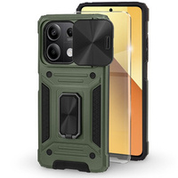 Husă blindată pentru Xiaomi Redmi Note 13 5G, CamShield Slide, verde + sticlă călită 9H