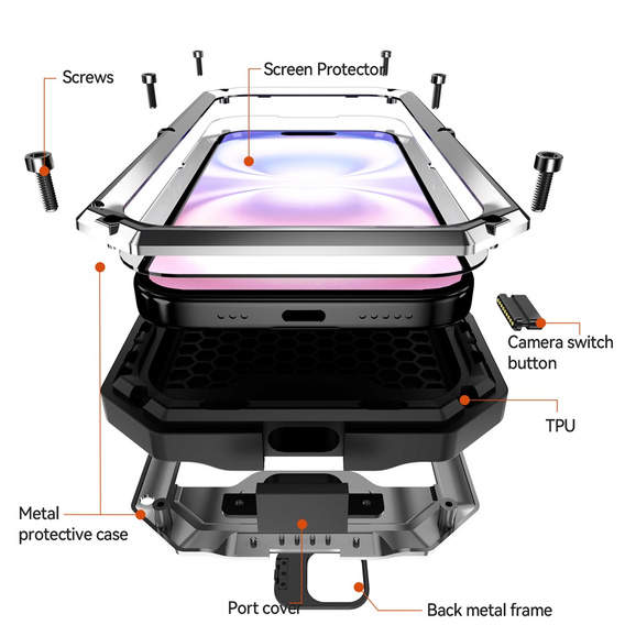 Husă blindată R-JUST cu protecție pentru ecran și suport pentru iPhone 17