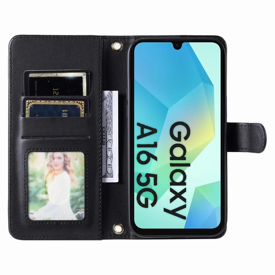Husă cu clapetă pentru Samsung Galaxy A16, Rhombus Crossbody Leather, negru
