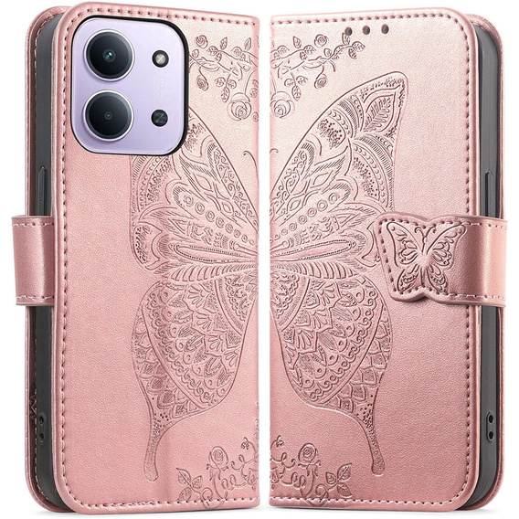 Cu clapetă pentru Xiaomi Redmi 15C 4G/LTE, Butterfly, roz rose gold