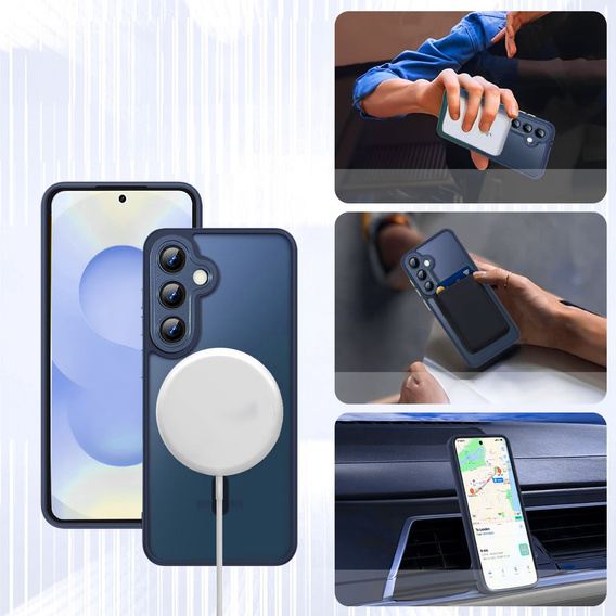Husă pentru Samsung Galaxy S25, pentru MagSafe, ERBORD Matt Case, albastru închis + sticlă pentru ecran
