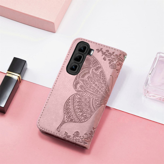Cu clapetă pentru Infinix Hot 50 4G, Butterfly, roz rose gold