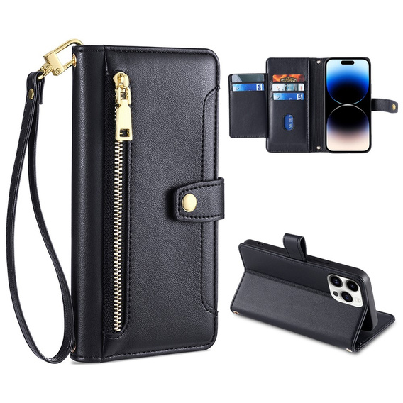 Cu clapetă pentru iPhone 14 Pro, Wallet Zipper Pocket, negru