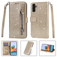 Cu clapetă pentru Samsung Galaxy A35 5G, Wallet Zipper Pocket Glittery, de aur