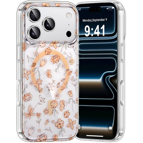 Husă magnetică cu model floral realizat cu laser pentru iPhone 17 Pro