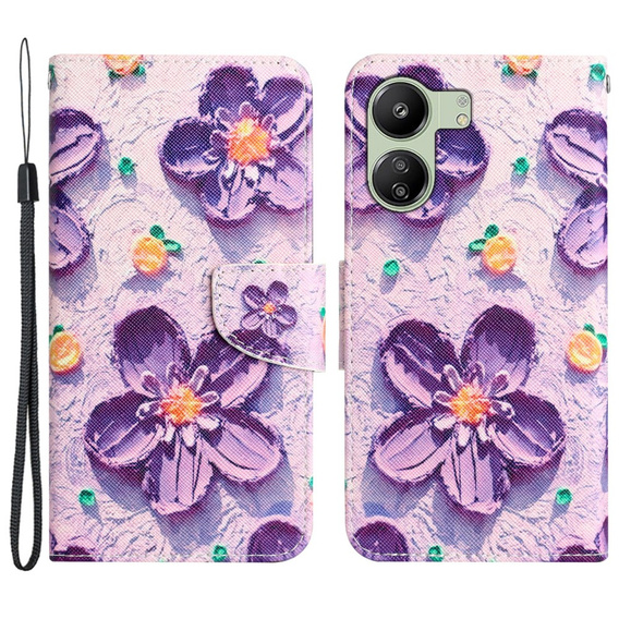 Cu clapetă pentru Xiaomi Redmi 13C / Poco C65, Wallet, Painted Flowers, violet