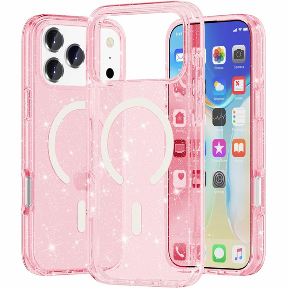 Husă pentru iPhone 17 Pro, pentru MagSafe, glitter, roz transparent