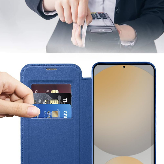 Cu clapetă pentru Samsung Galaxy S25 FE, RFID Wallet MagSafe CamShield, albastru închis