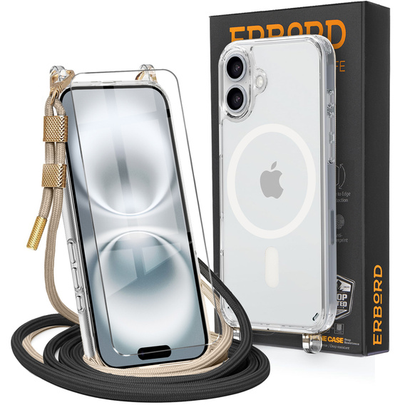 Husă cu lănțișor pentru iPhone 16, ERBORD MagSafe, transparentă + sticlă pentru ecran