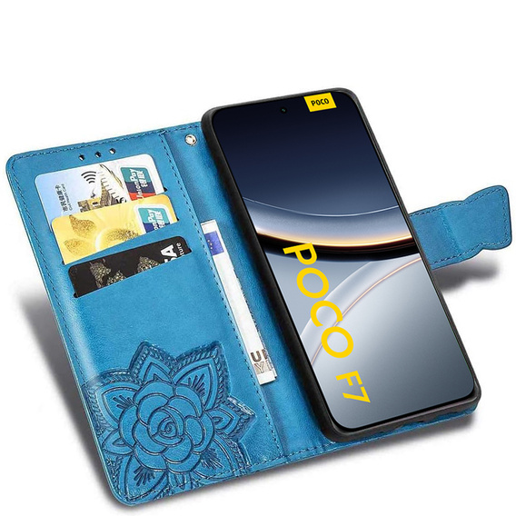 Cu clapetă pentru Xiaomi Poco F7, Butterfly, albastru