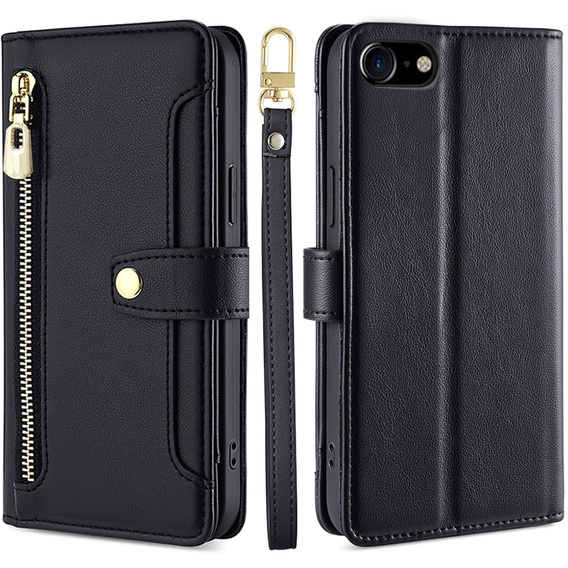 Cu clapetă pentru iPhone 16E, Wallet Zipper Pocket, negru