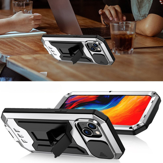 Husă pentru iPhone 14, R-JUST CamShield Slide, armată, de argint / negru