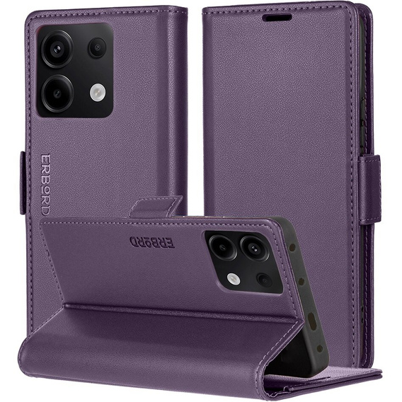 Husă pentru Xiaomi Redmi Note 13 5G, ERBORD Glossy Litchi, portofel cu clapetă, violet
