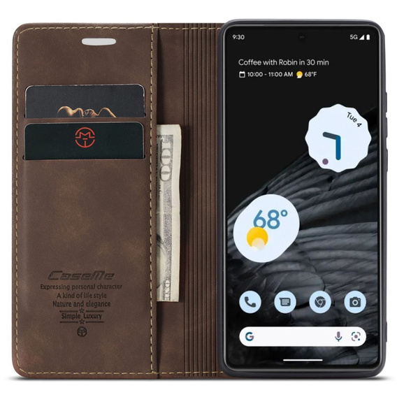 Husa CASEME pentru Google Pixel 7, Leather Wallet Case, maro