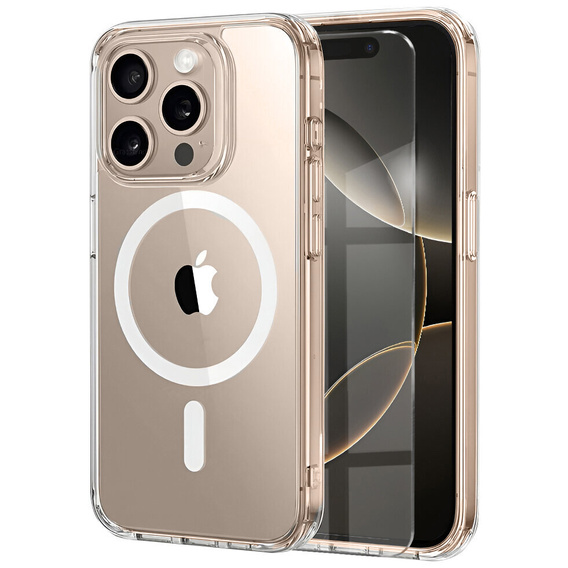Husă magnetică MagSafe pentru iPhone 16 Pro Max, ERBORD CrystalMag, transparentă + sticlă pentru ecran