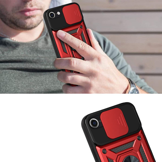 Carcasă blindată pentru iPhone 16E, CamShield Slide, roșu + sticlă călită 9H