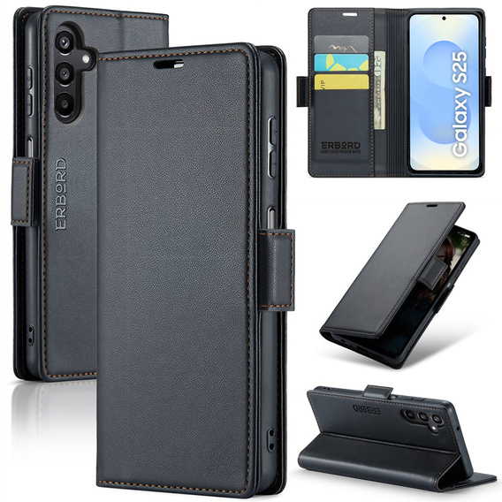 Husă pentru Samsung Galaxy S25, ERBORD Glossy Litchi, portofel cu clapetă, negru