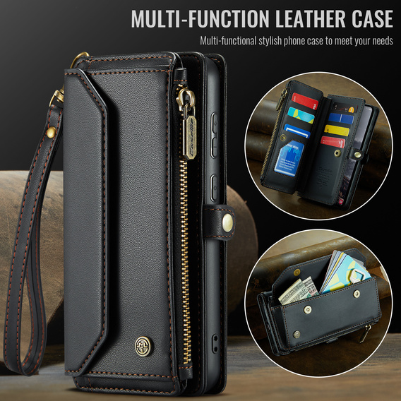 Husă CASEME pentru Samsung Galaxy S25 FE, RFID Leather Wallet, cu curea de umăr, negru