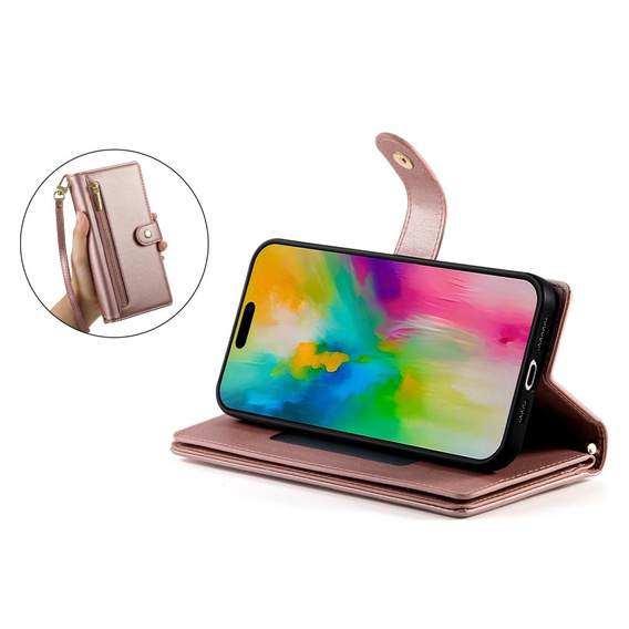 Cu clapetă pentru iPhone 16 Pro Max, Wallet Zipper Pocket, roz