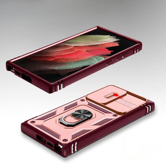 Husă blindată pentru Samsung Galaxy S23 Ultra, CamShield Slide, roz / roșu