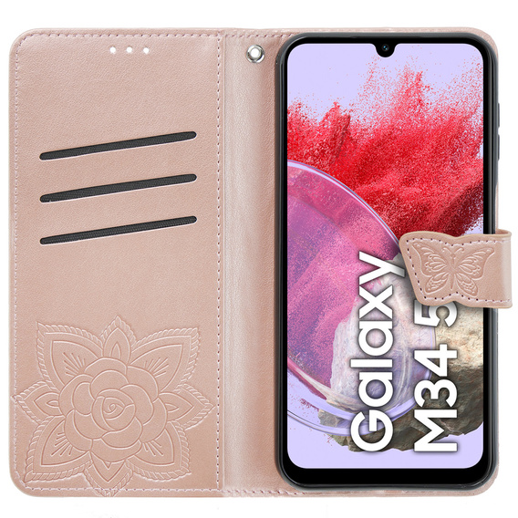 Cu clapetă pentru Samsung Galaxy M34 5G, Butterfly, roz rose gold