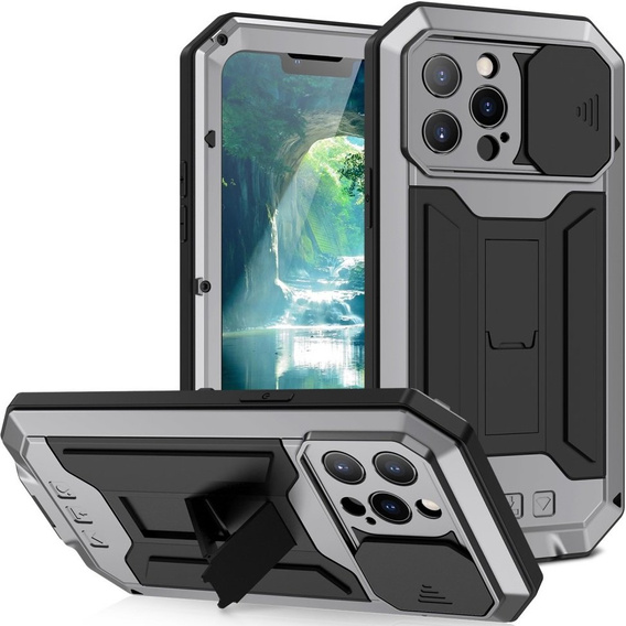 Husă pentru iPhone 13 Pro Max, R-JUST CamShield Slide, armată, de argint / negru