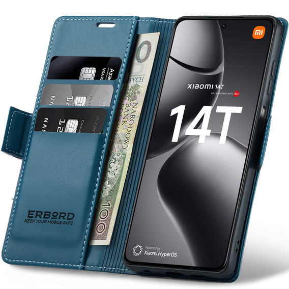 Husă pentru Xiaomi 14T, ERBORD Glossy Litchi, portofel cu clapetă, albastru