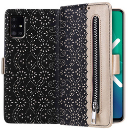 Carcasă cu clapetă pentru Samsung Galaxy A51 5G, Wallet Pocket Zipper Lace, negru