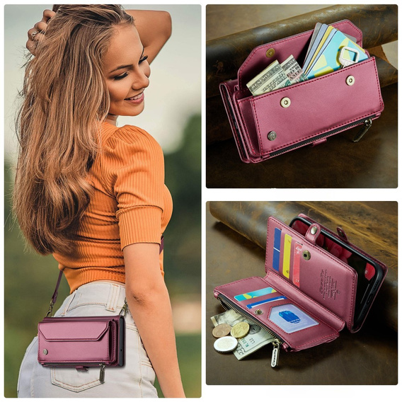 Husă CASEME pentru iPhone16e, RFID Leather Wallet, cu curea de umăr, roșu