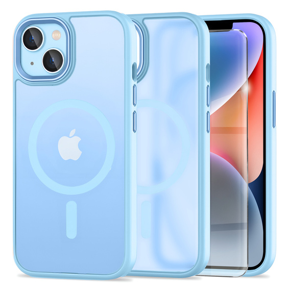 Husă pentru iPhone 14, pentru MagSafe, ERBORD Matt Case, albastru + sticlă pentru ecran